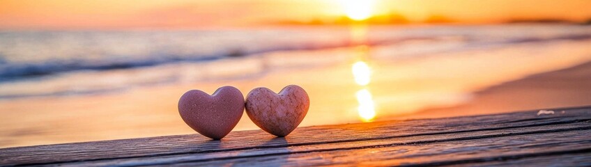 Fototapeta premium Two heart-shaped pebbles create a romantic scene on a beach walkway. 