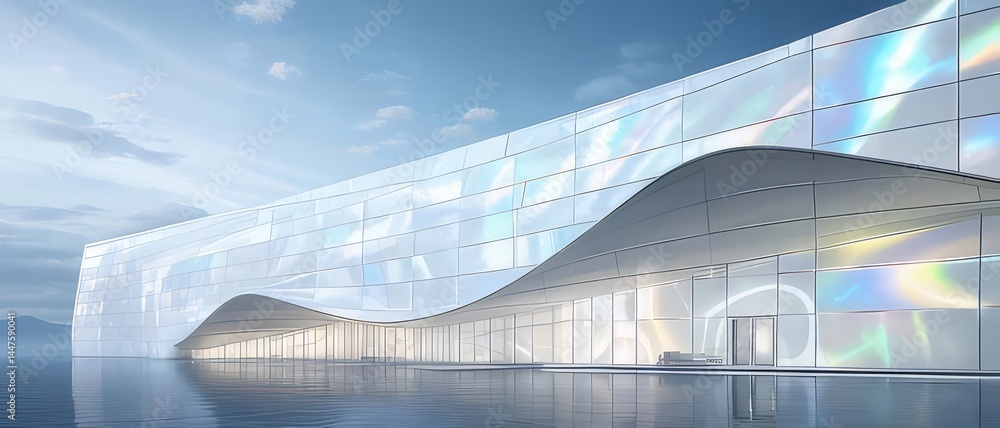 Poster 青空の下のモダンなガラス張りの建物の外観 光の反射と水面の美しい建築デザイン