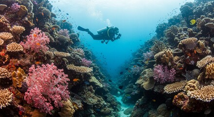 Fototapeta premium Scuba diver swimming among colorful coral reefs, surrounded by vibrant marine life, with sunlight filtering through the water