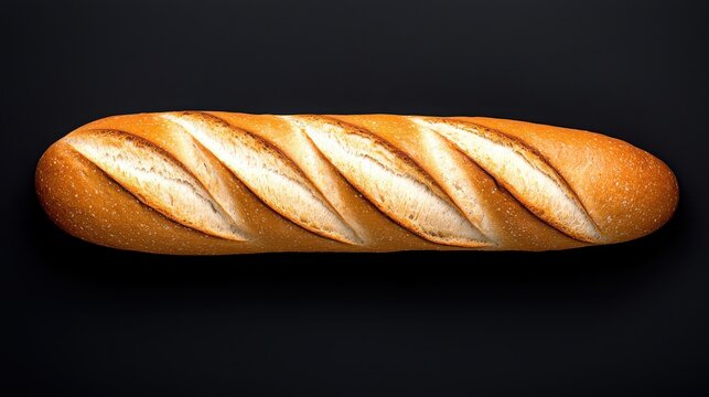 A freshly baked golden brown baguette loaf rests on a black background showcasing its crisp crust and perfectly scored surface ideal for food blogs and culinary websites.