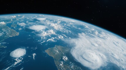 Aerial View of Earth from Space Showcasing Large Hurricanes Approaching Tropical Regions
