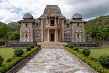 Obraz premium Mansion Facade with Columned Balcony and Stone Path