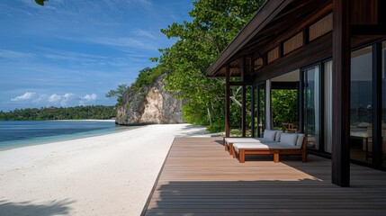 Naklejka premium Serene Beachfront Bungalow Overlooking Hidden Bay with Arranged Outdoor Lounge Area