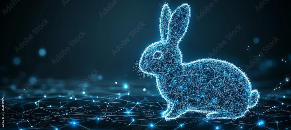 Poster glowing holographic rabbit on a network grid, symbolizing digital transformation and innovation