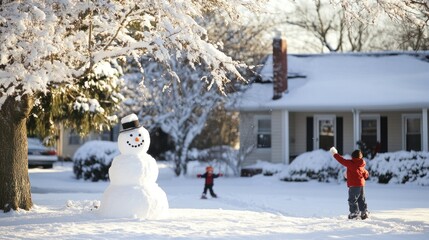 Winter Wonderland: Snowman and Children Playing in Snowy Suburbia