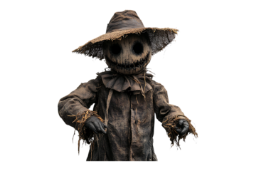 Creepy scarecrow with a sinister face isolated on transparent background

