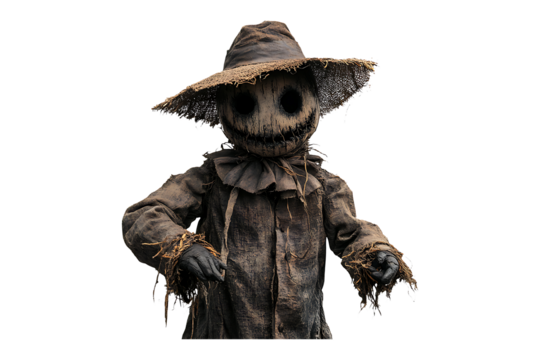 Creepy scarecrow with a sinister face isolated on transparent background
