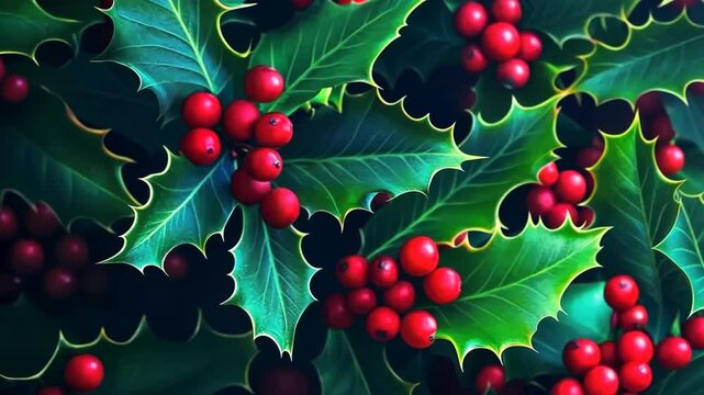 Vibrant holly leaves and red berries in natural patterned movement