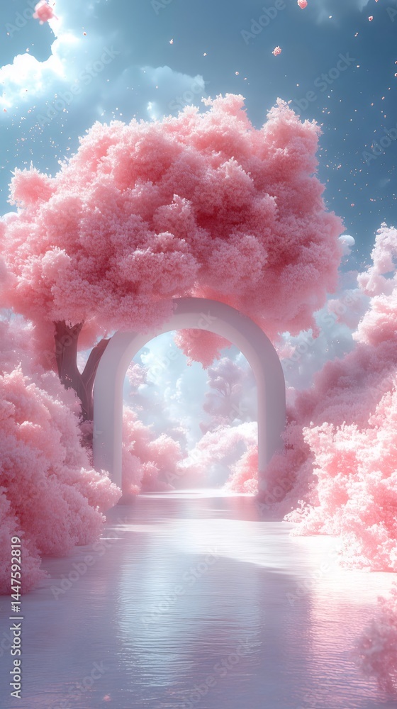 Poster ピンク色の桜と白いアーチが印象的な幻想的な風景 晴天の空と雲の下 穏やかな庭の美しい光景