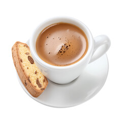 Fototapeta premium Fresh espresso coffee with chocolate chip biscotti on saucer isolated on transparent background 