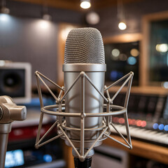 Silver spherical microphone with volume knob and grille on adjustable stand. Professional studio background with blurred panels and soft lighting.