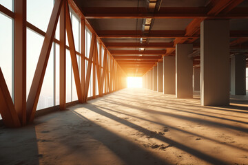 Hallway perspective: Light floods through a structure with geometric window frames and concrete pillars.
