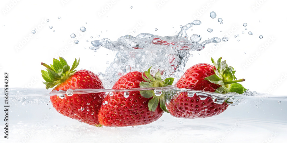 Poster fresh red strawberry splashing into clear water with bubbles and droplets, creating dynamic and refr