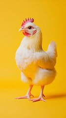 Fototapeta premium A pale hen on a yellow backdrop. She has a bright red comb and looks on alert, with a keen, angled gaze