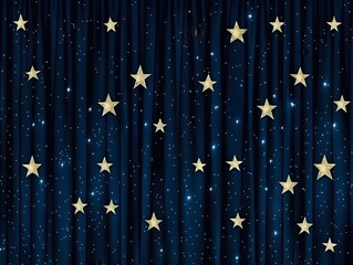 Dark Blue Velvet Curtain with Gold Stars Night Sky Background for Holiday Presentation