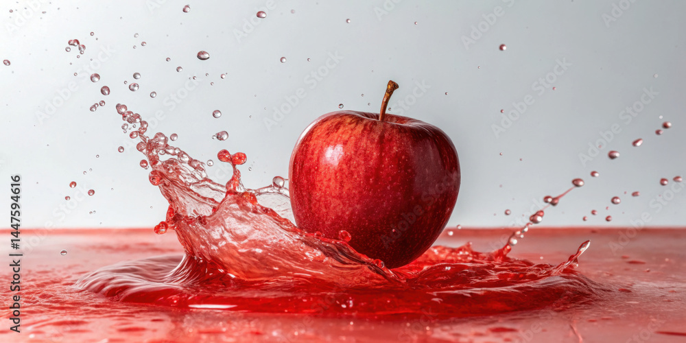 Poster red apple splashing into red liquid with water droplets flying in air, creating dynamic and fresh sc