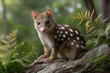 Fototapeta premium Spotted Quoll on Log in Forest