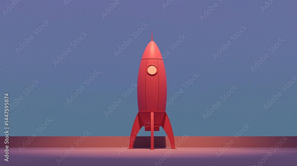 Poster 3d rendering of a red rocket ship standing on a pink and purple surface. the rocket is facing toward