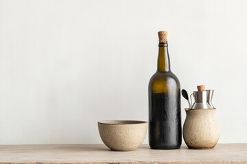 Wine bottles and home brewing barware set on a rustic table