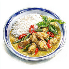Illustration of delicious Thai green curry served with rice feels appetizing