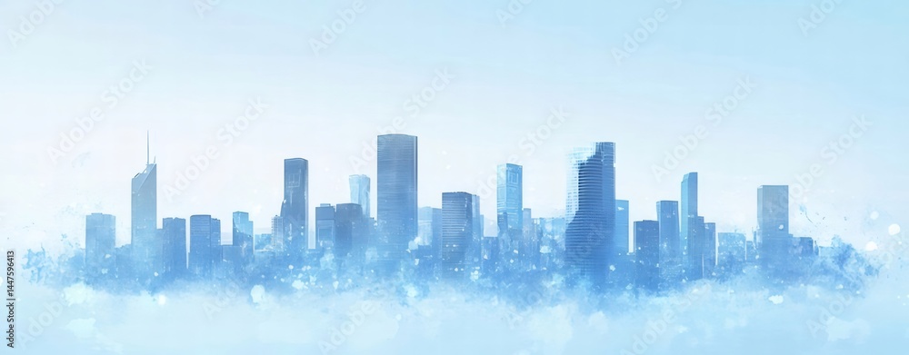 Poster 青い水彩画風の都市スカイライン 背景にぼやけたシルエットと建物デザイン