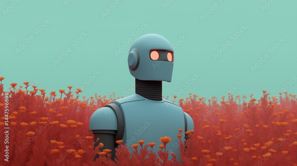 Poster robot standing in a field of orange flowers. the robot is blue in color and has a round head with re