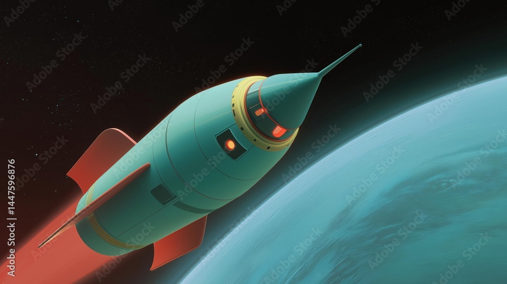 Aufkleber futuristic rocket flying towards the earth. the rocket is green in color with a pointed nose and a r