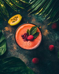 From a dramatic overhead perspective, a vibrant tropical smoothie takes center stage  its rich, velvety texture glowing under moody, directional lighting. The shadows cast by large, lush tropical lea