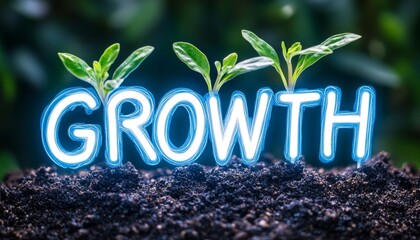 Growing Plants With Glowing Growth Text, Concept Of Business Investment, And Success