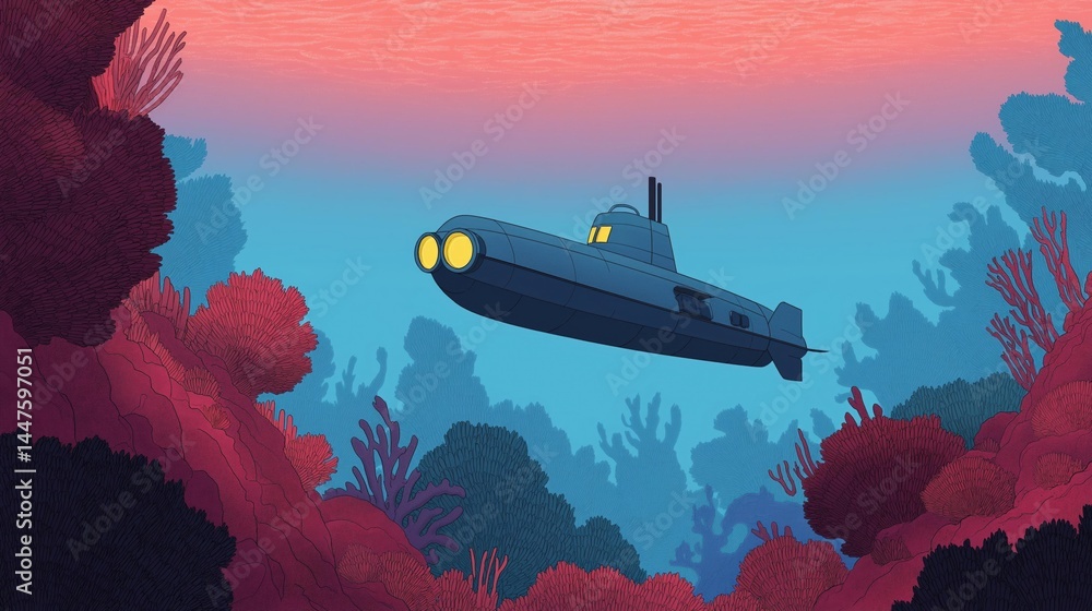 Aufkleber illustration of a submarine floating in the ocean. the submarine is in the center of the image, with