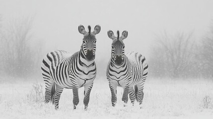 Fototapeta premium Two Striped Zebras Standing Gracefully in a Snowy Wild Landscape Under a Bright Clear Winter Sky