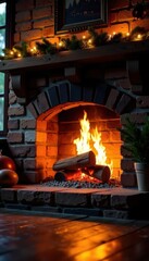 Obraz premium Burning wood in a brick fireplace, Christmas ambiance , comfort, cozy, heat