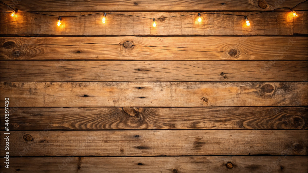 Poster rustic wooden planks with visible grain and knots create warm background illuminated by string light