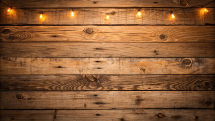 Rustic wooden planks with visible grain and knots create warm background illuminated by string lights, evoking cozy and inviting atmosphere
