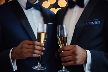 formal party event - black tie dress code - flutes of champagne held by people wearing tuxes, luxury celebration