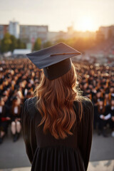 Graduate in cap, looking out at crowd. Ready for the future and the opportunities ahead of them.