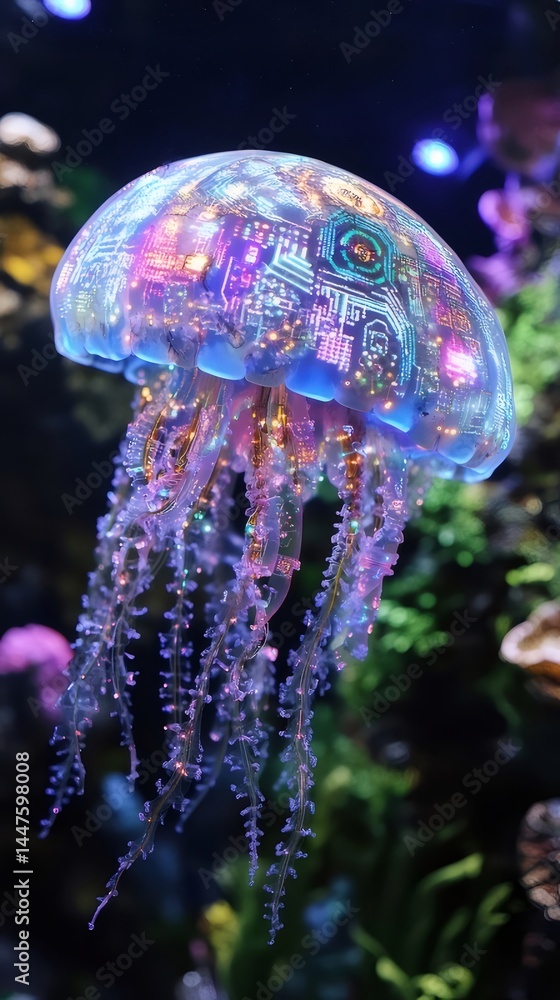 Poster 青色と紫色のクラゲが暗い背景に輝く水中で浮かぶ カラフルな発光と繊細な触手