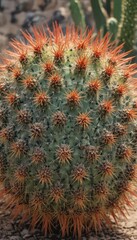 Fototapeta premium A spiky, round cactus, densely covered in sharp spines , natural, brown, wildlife