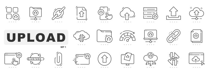Set of upload related line icons. Online, arrow, up, cloud etc. Editable stroke