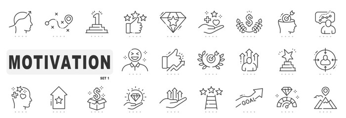Set of motivation related line icons. Career, inspiration, success etc. Editable stroke