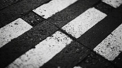 Monochromatic Crosswalk with Bold White Stripes Highlighting Urban Street Scene in Black and White