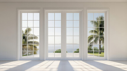 Fototapeta premium White large panoramic windows. 3d illustration.