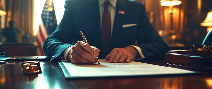Politician signing official document in government office with us flag