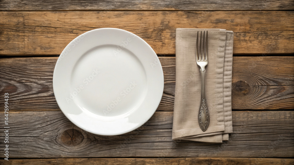 Poster simple empty white plate on rustic wooden table with folded beige napkin and silver fork, creating c
