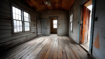 Empty Wooden Room with Open Door and Weathered Walls