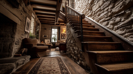 Obraz premium Rustic Stone Living Room With Wooden Staircase