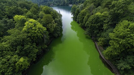 Green algae bloom in polluted pond, murky water, environmental pollution - polluted sewage surface pollution