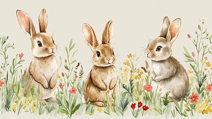 Fototapeta premium Charming Scene of Three Playful Rabbits Amongst Vibrant Grass and Colorful Flowers in Sunny Meadow