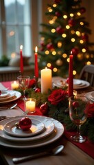 Beautifully decorated Christmas table setting with candles, flowers, and ornaments, candles, flowers, festive centerpiece