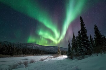 Aurora Borealis Over Snowy Forest Landscape